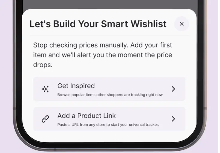 "Whisprice app screen displaying the 'What's Included' section for the Early Bird plan. It lists three key benefits with purple icons: 'Track 5x More Items' to track gadgets and essentials at once, 'Spot Fake Discounts' using full 1-year price history, and 'Beat the Crowd' with fresh price data to spot drops instantly.