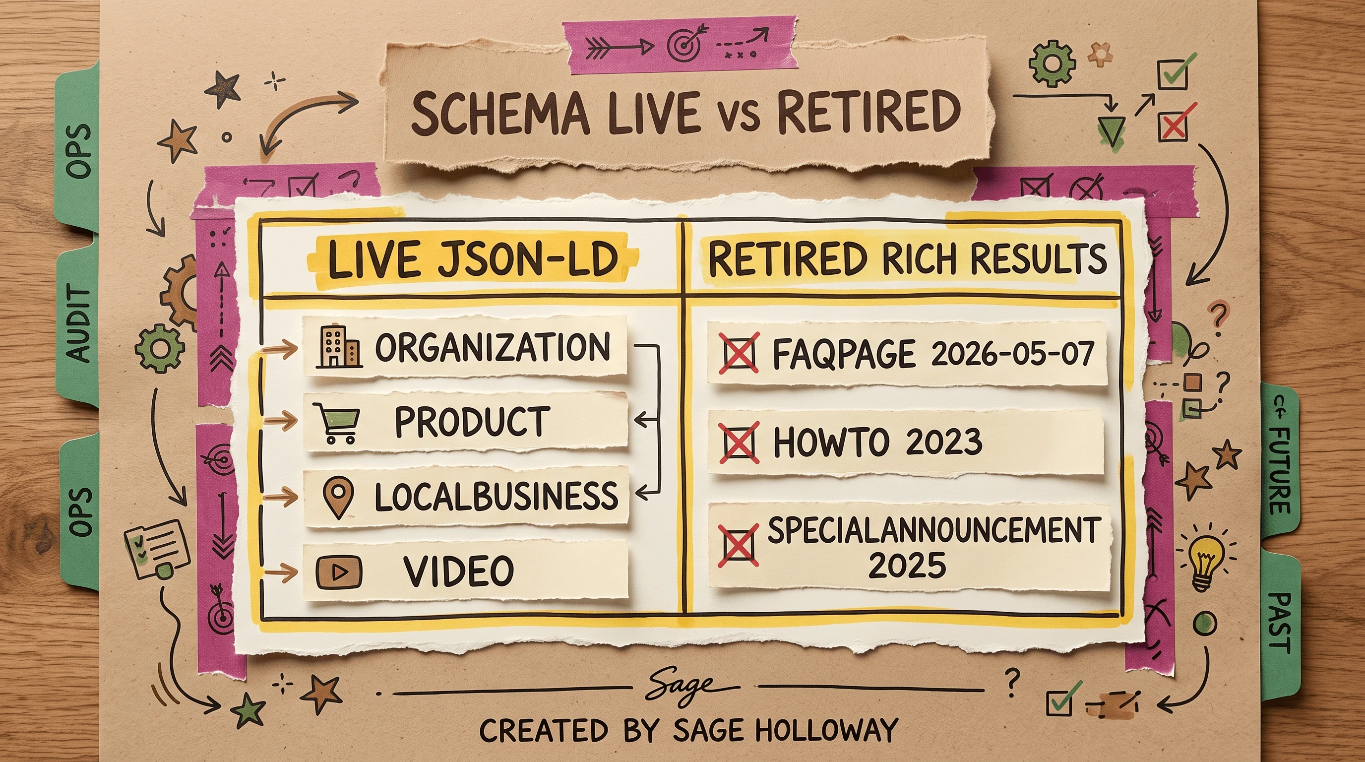 Table of live Organization Product LocalBusiness Video schema versus retired FAQPage HowTo and SpecialAnnouncement