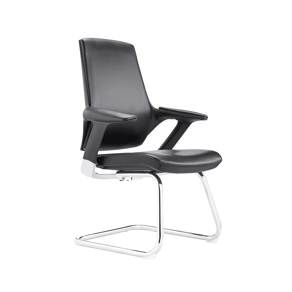 Front three-quarter view of a black leather executive guest chair with a chrome sled base, ergonomic mid-back design, and integrated armrests.