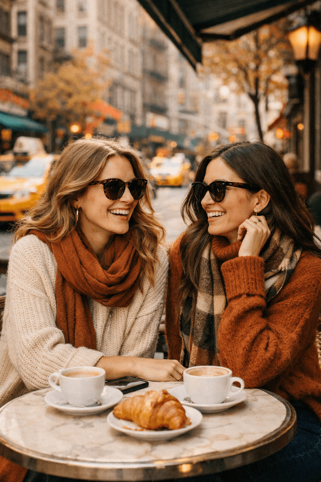 Two women at a sidewalk café in fall