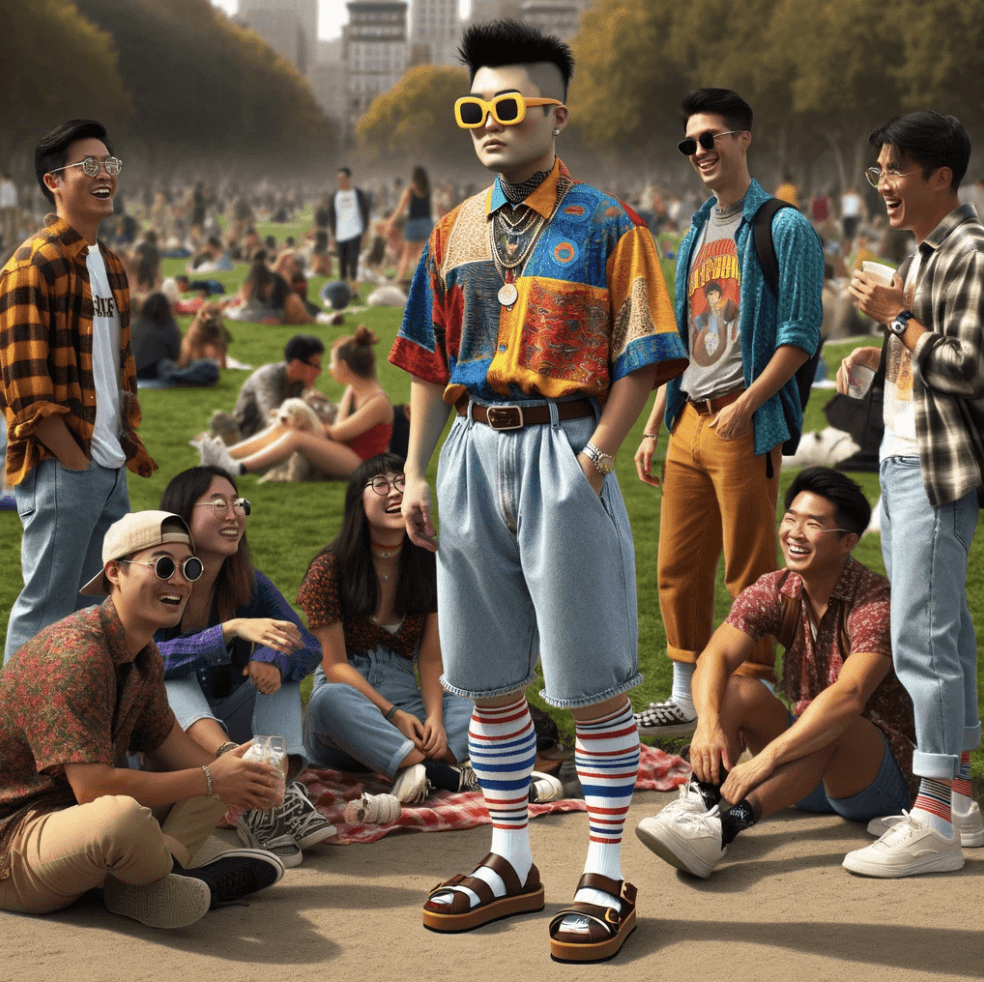 A cartoon of an Asian person standing out