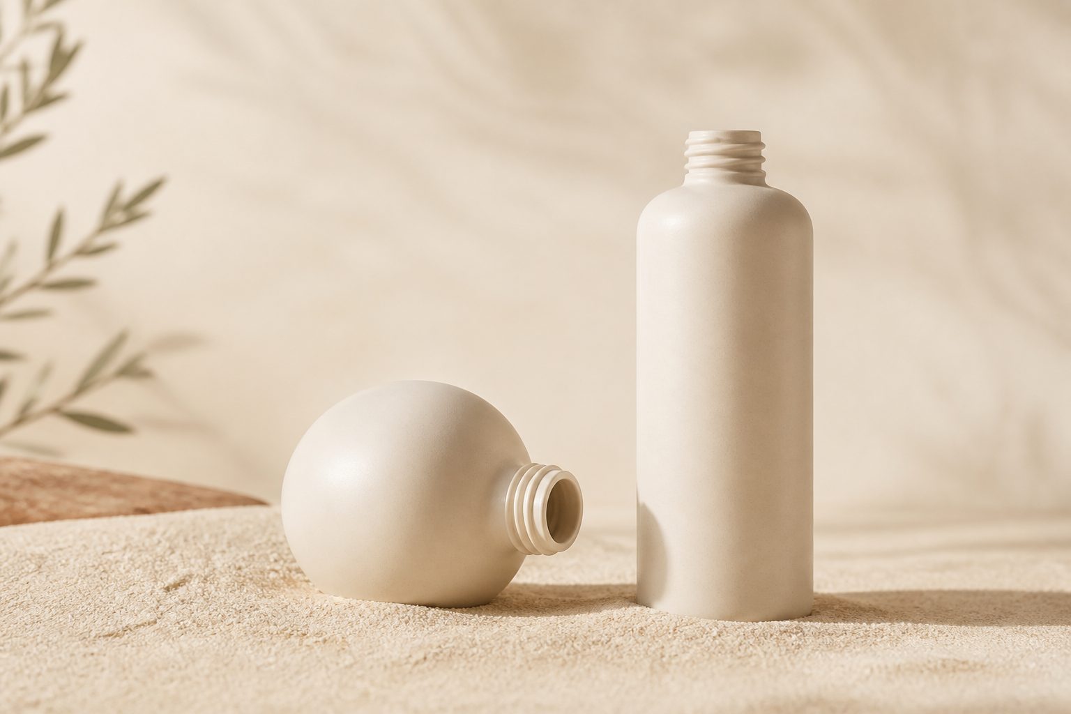 Two unbranded bottles of different shapes, one upright and one tipped over