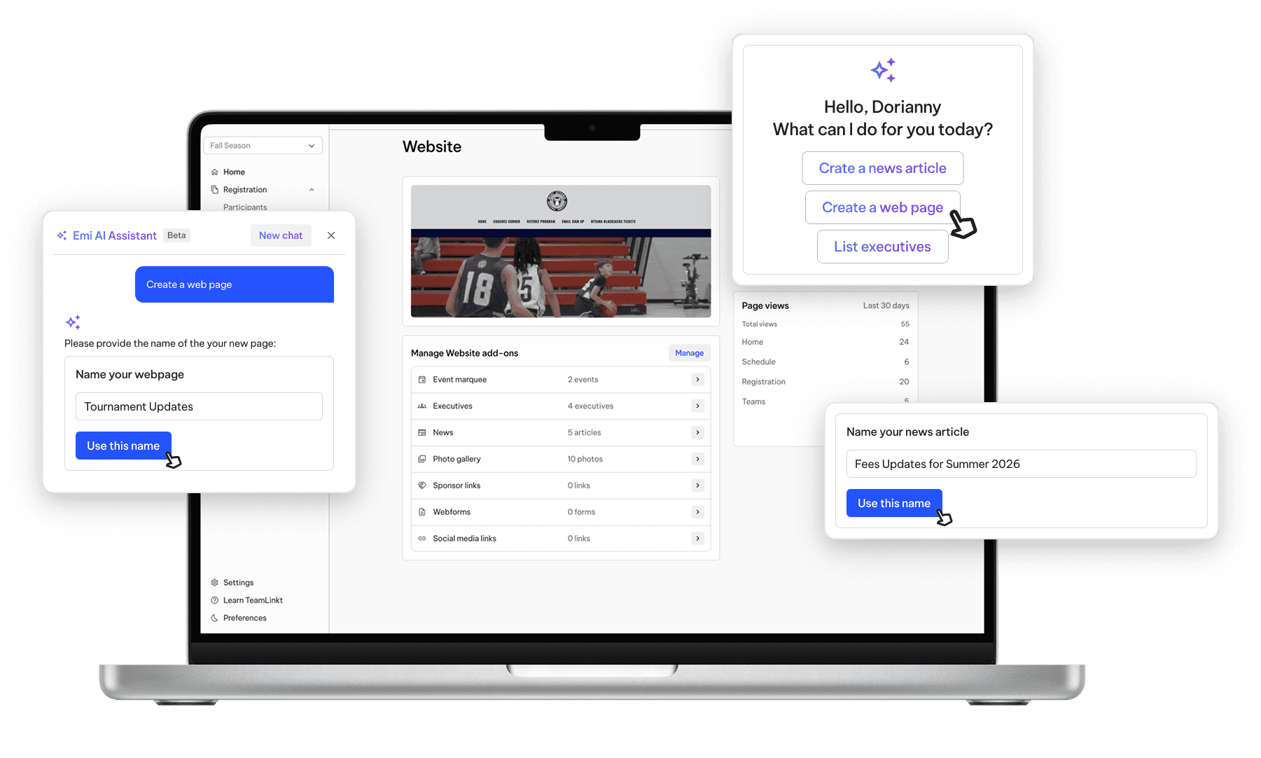 TeamLinkt's Basketball Website Builder with Emi AI Assistant Tool