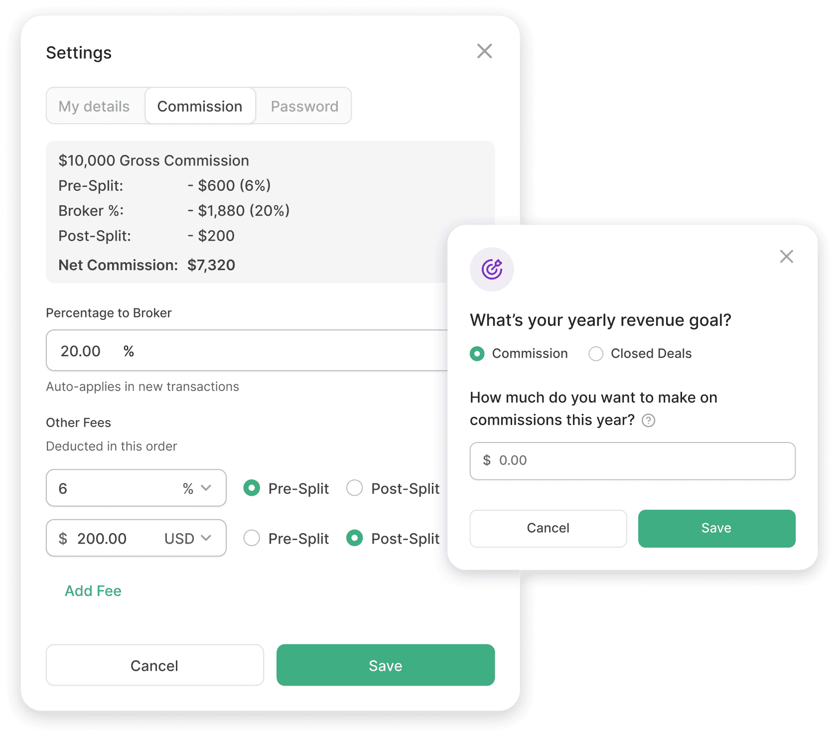 Realtor platform interface - Setting up commissions and goals for solo realtors