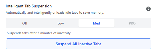 SuperchargeBrowser tab suspension settings reducing Chrome RAM usage.