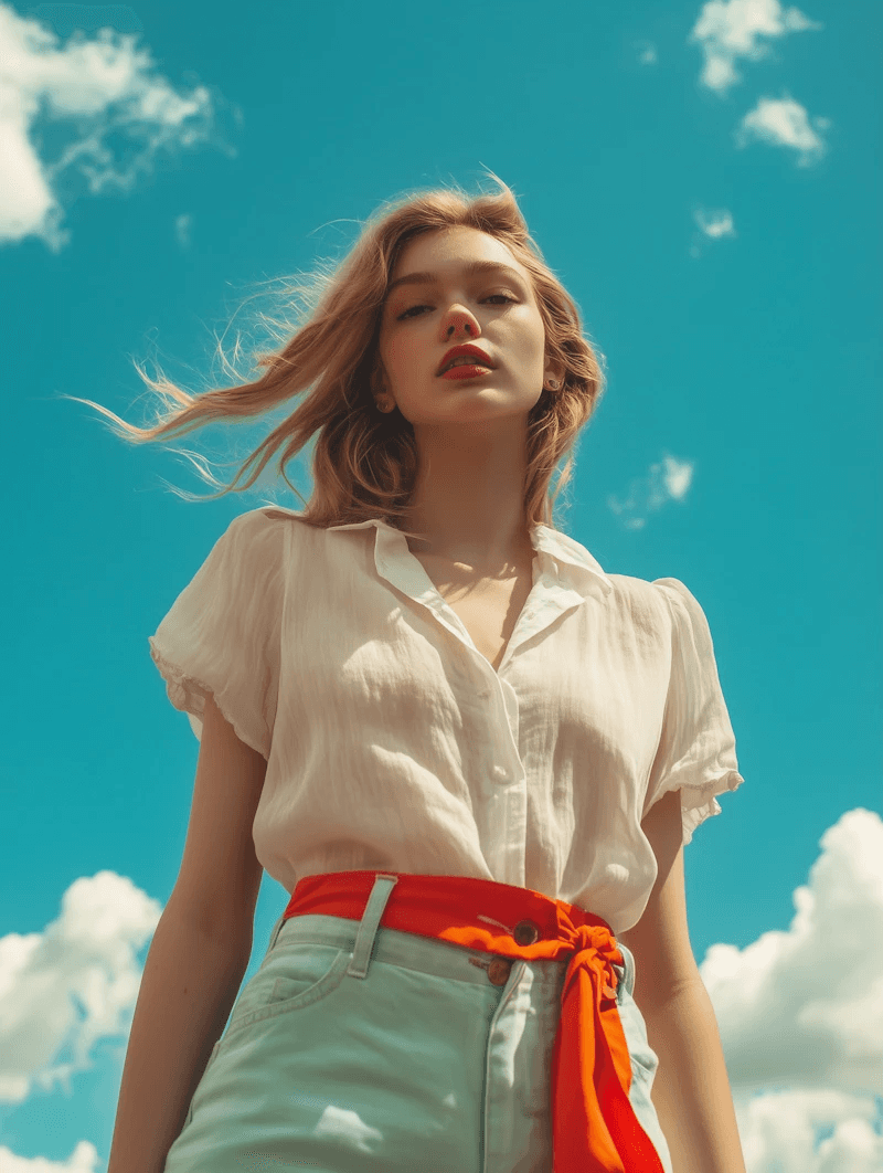 Woman in white breezy shirt.