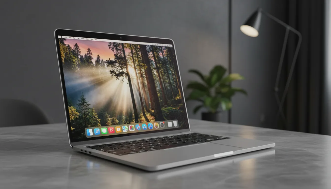 DSLR product shot of a silver MacBook Pro laptop resting on a grey marble countertop, angled towards the viewer. The screen displays a vibrant macOS desktop with a sunlit redwood forest wallpaper and a dock of colorful UI icons. The scene is illuminated by soft studio lighting, creating a clean, professional aesthetic. The background is a modern interior with a dark grey textured wall, featuring a shallow depth of field that creates a soft bokeh effect around a houseplant and a minimalist floor lamp. Sharp focus is on the laptop's metallic texture and the high-resolution screen.