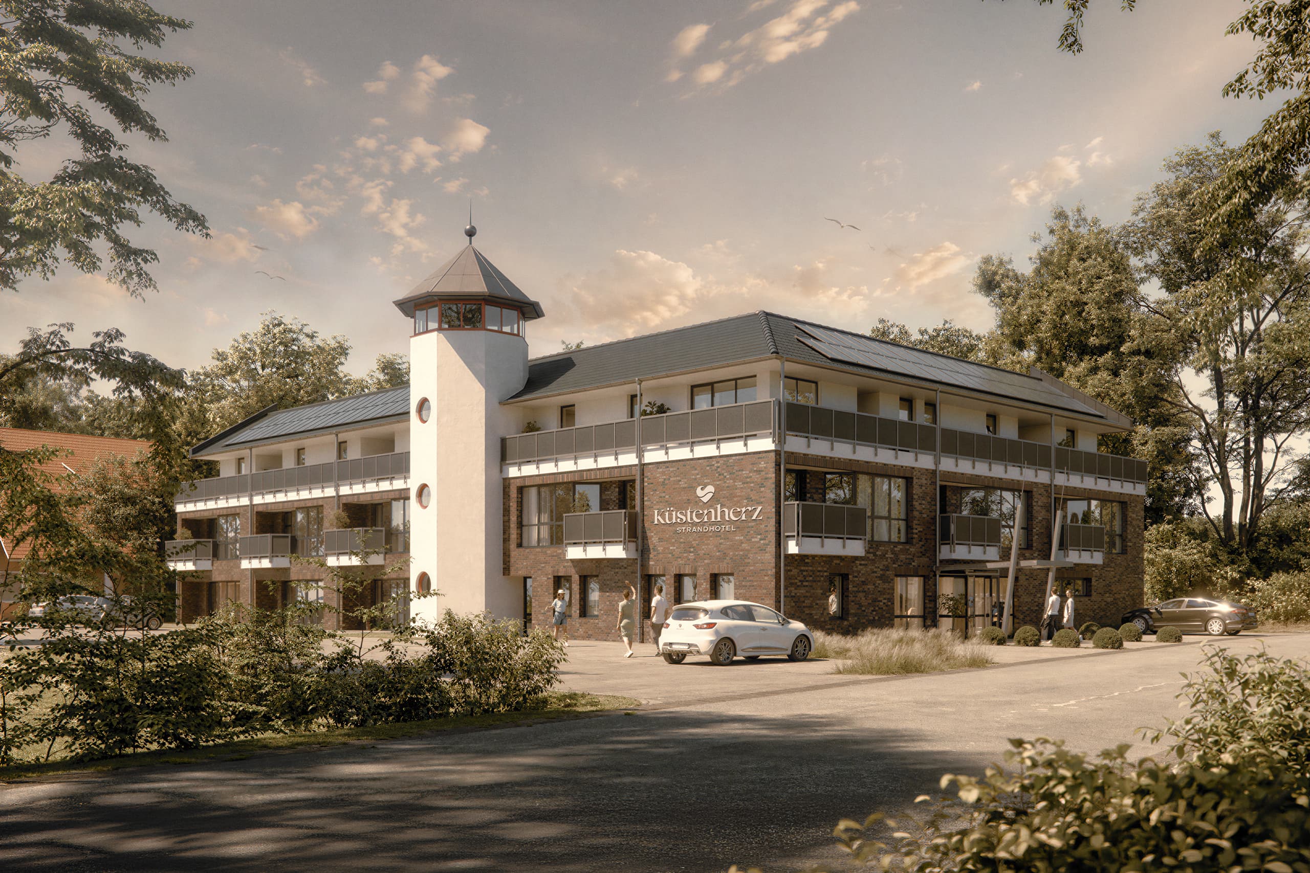KI-generiertes Bild: Außenansicht des Küstenherz Strandhotels mit Balkonen und Turm