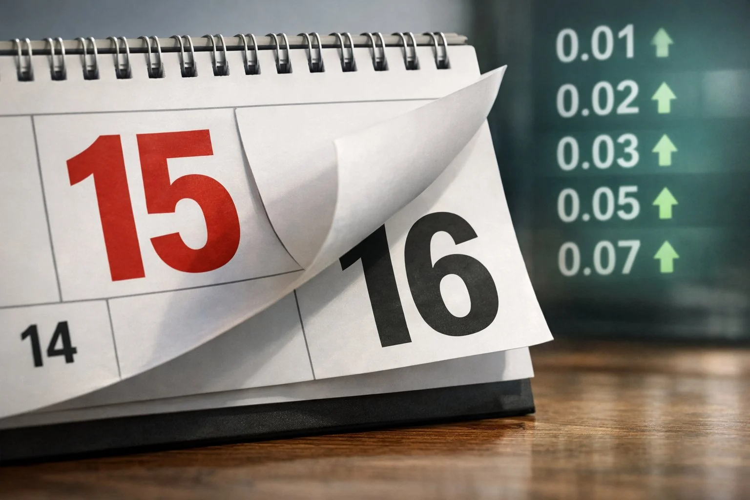 Calendar page flipping from the tax deadline to the next day, with a rising number counter in the background symbolizing interest starting immediately.