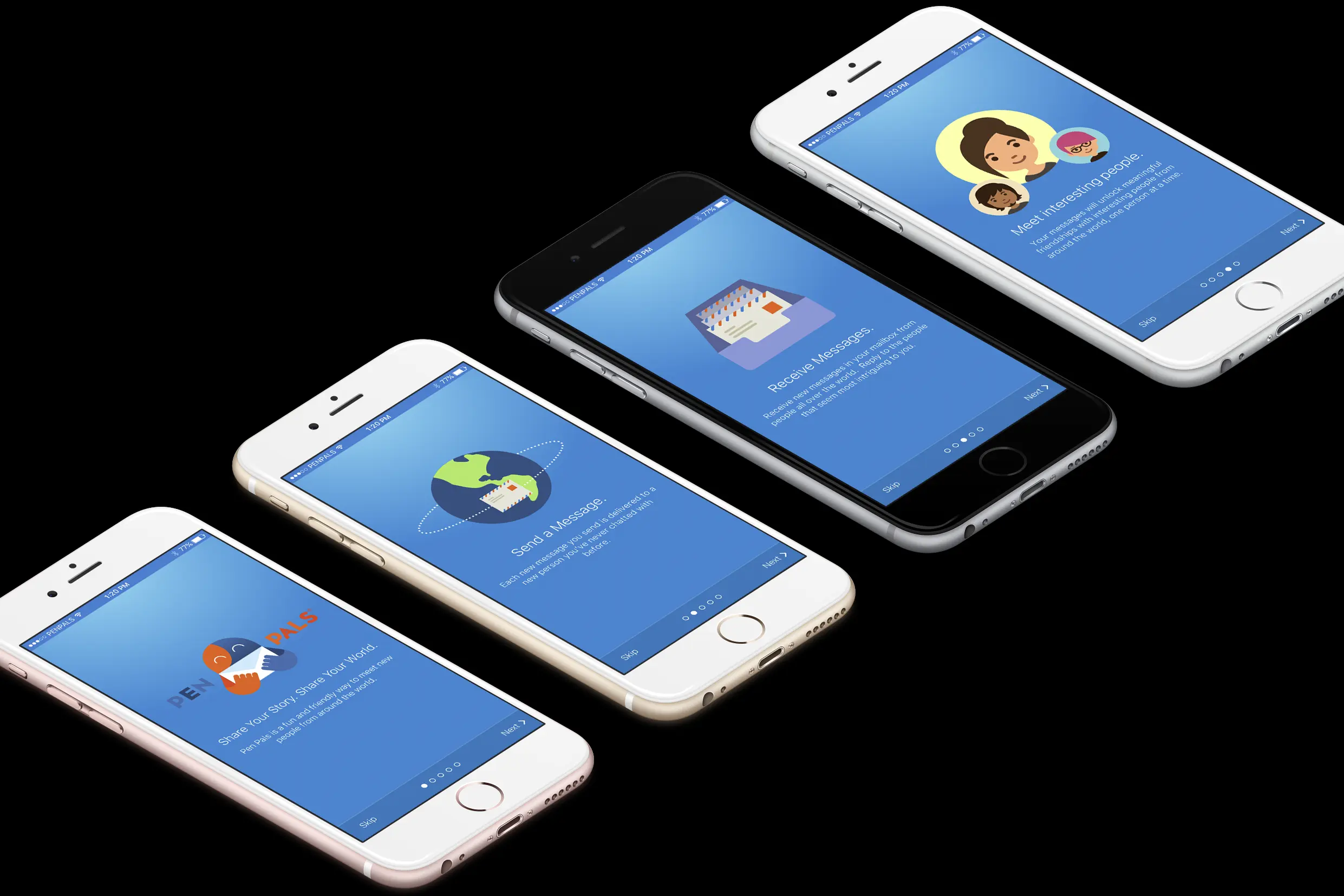 pen pals onboarding screens on iphone