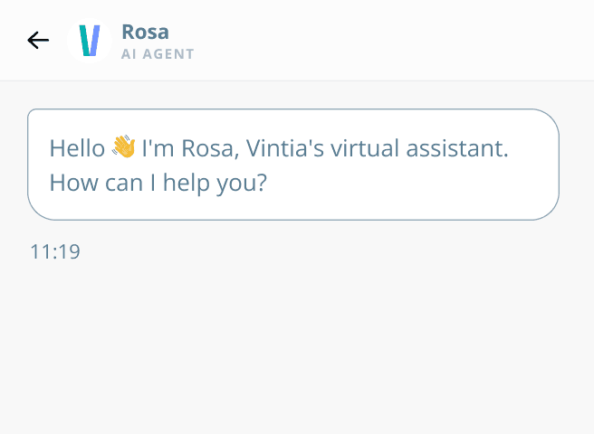 Chatvenster waarin Rosa, de AI Agent van Vintia, een bezoeker begroet