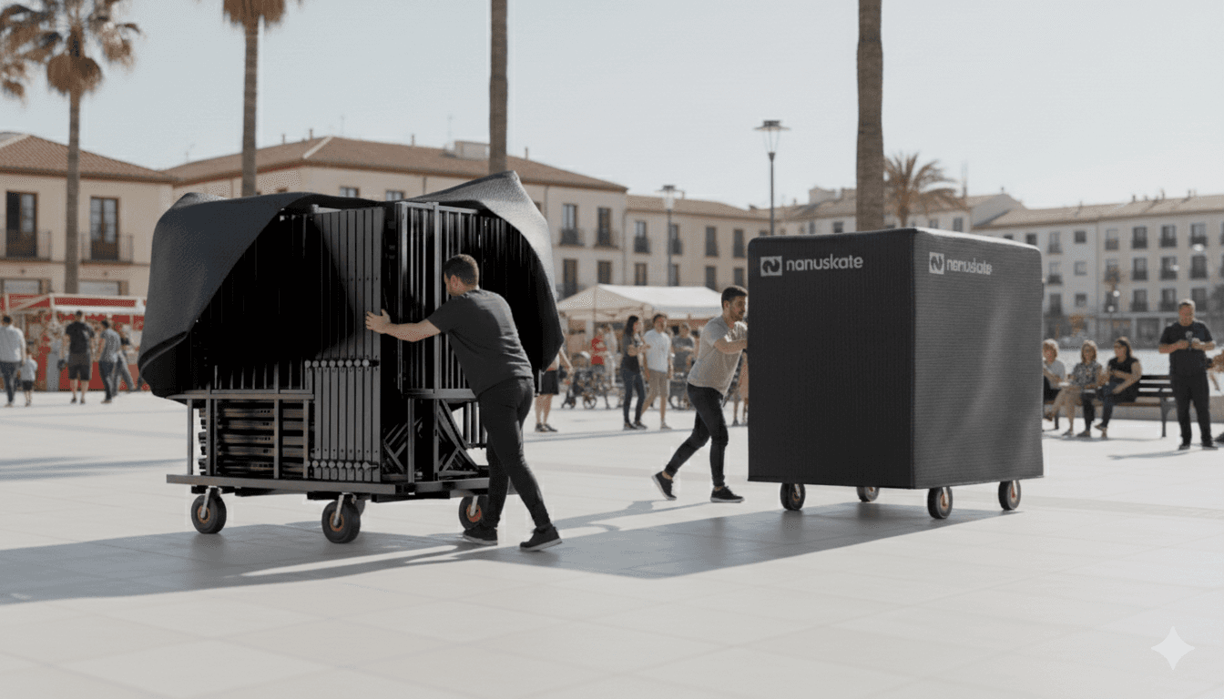 nanuskate transport dollies being pushed into position for assembly