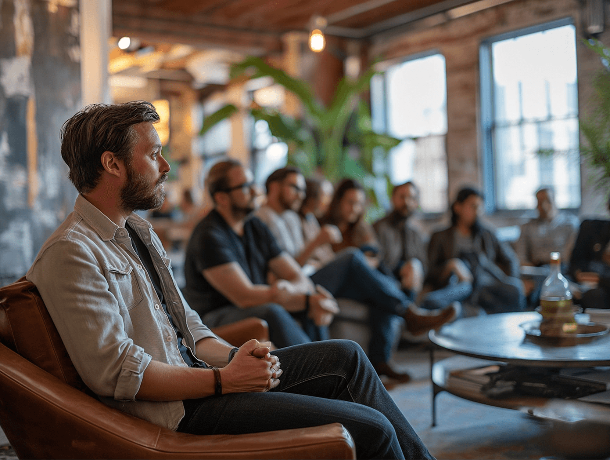 A group of people sit attentively in a cozy, industrial-style meeting room with exposed brick walls, large windows, and lush green plants, focusing on a presentation while natural light floods the space.