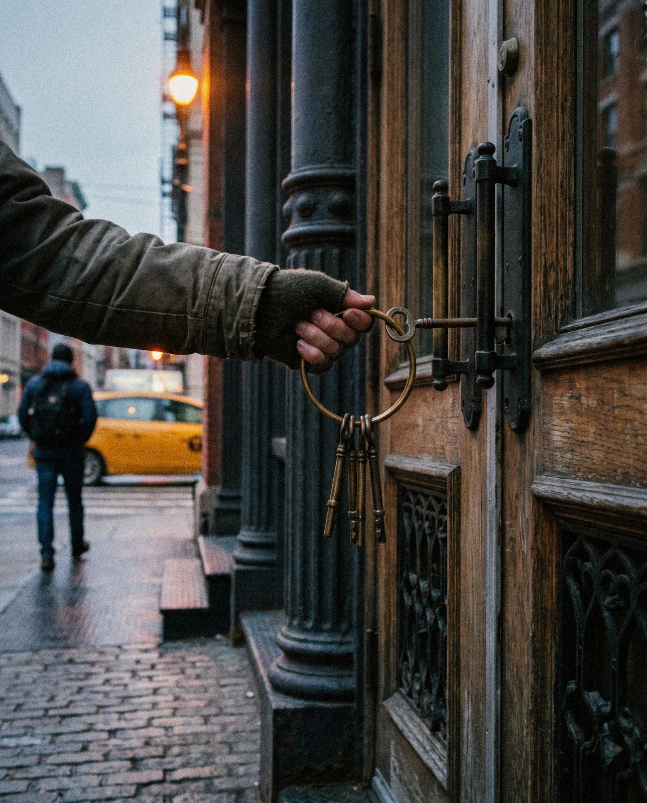 Een hand met een grote sleutelbos opent ’s ochtends de deur van een winkel in SoHo