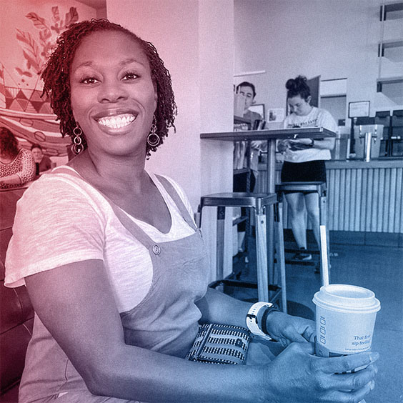 WTADS people who define our work woman smiling with red blue gradient overlay.