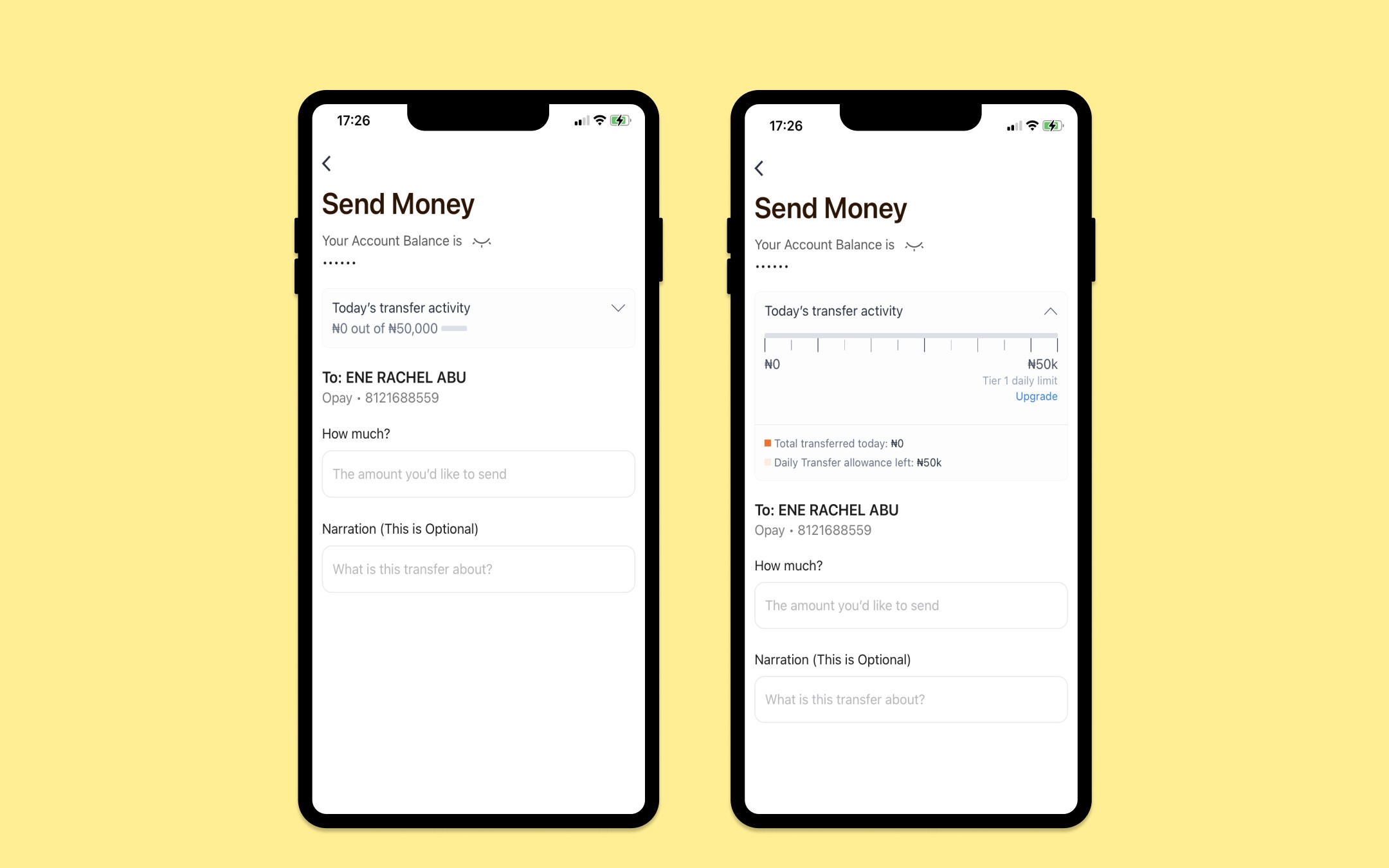 Send money screen