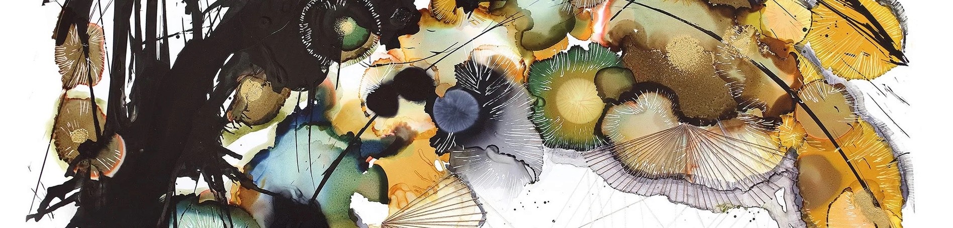 Abstract alcohol ink painting featuring overlapping circular forms resembling mushroom caps and gill structures, rendered in amber, gold, slate blue, forest green, and black with fine white line detail.
