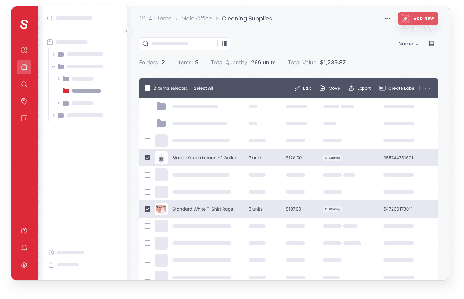 Sortly interface displaying items in a main office