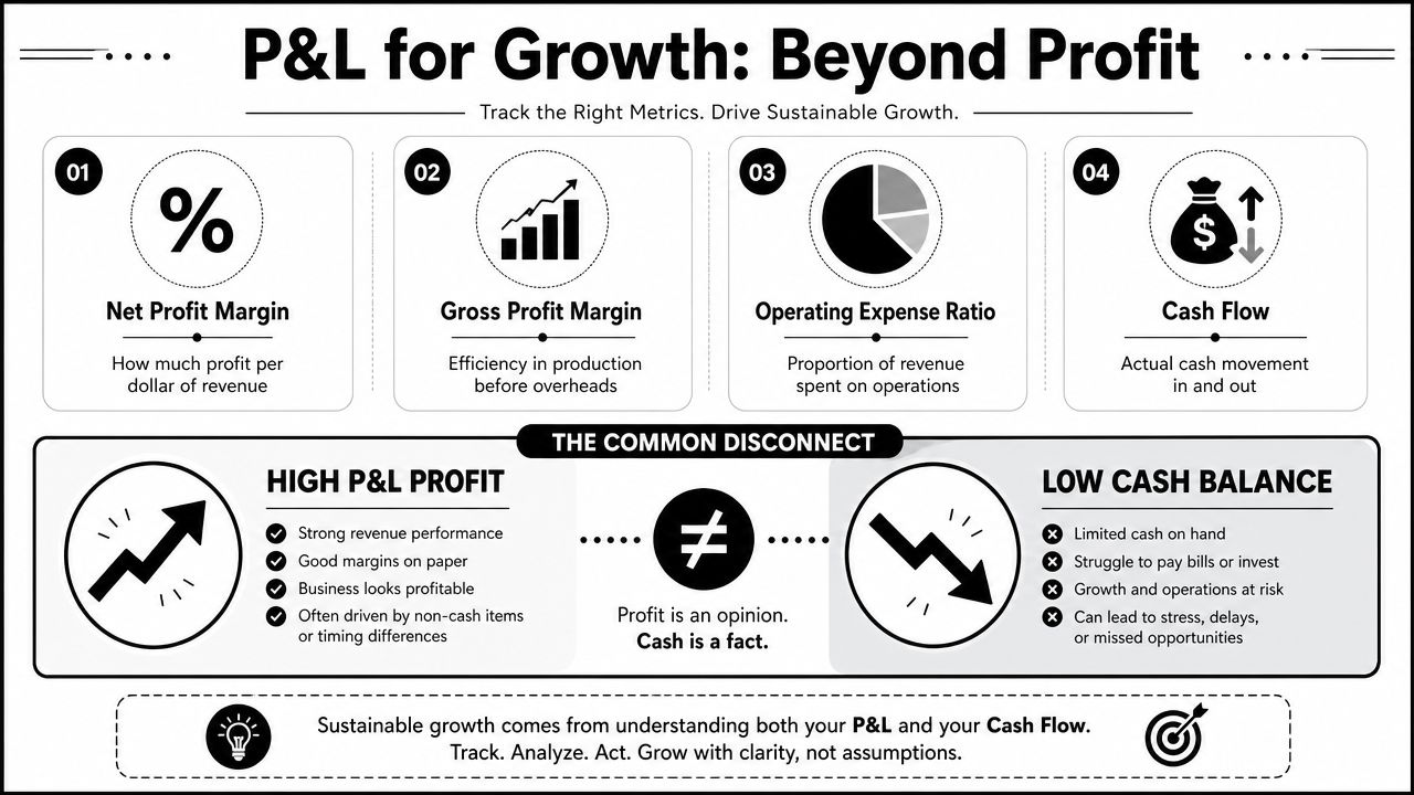 An infographic illustrating key financial metrics for business growth including profit margins, expenses, and cash flow analysis.