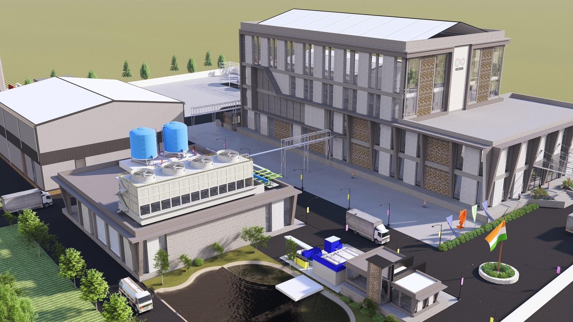 Aerial view of the Ecosis manufacturing campus featuring production facilities, utility infrastructure, logistics access, and corporate headquarters.