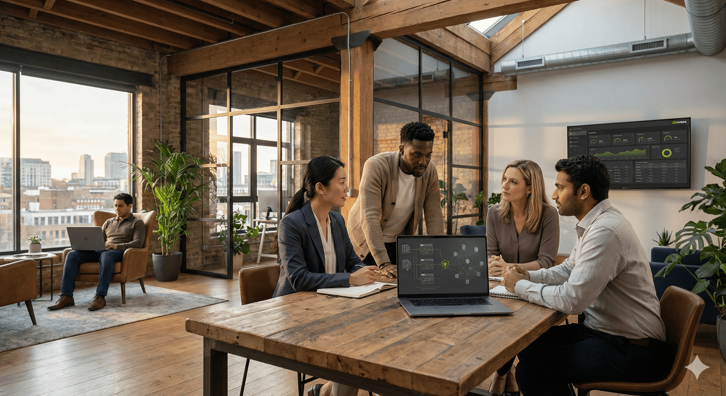 A diverse group of professionals collaborates at a wooden conference table in a modern, open-plan office with exposed brick walls and large windows, while a man works on a laptop in the background; computer screens display data analytics, embodying the innovative and collaborative environment of Super Intelligent Enterprises.