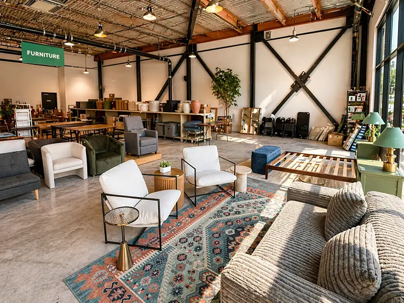 Open warehouse-style home decor store featuring furniture, artwork, and lighting displays under exposed wooden beams.