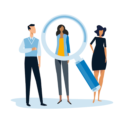 An illustration of three people, with a magnifying glass over the woman in the center.