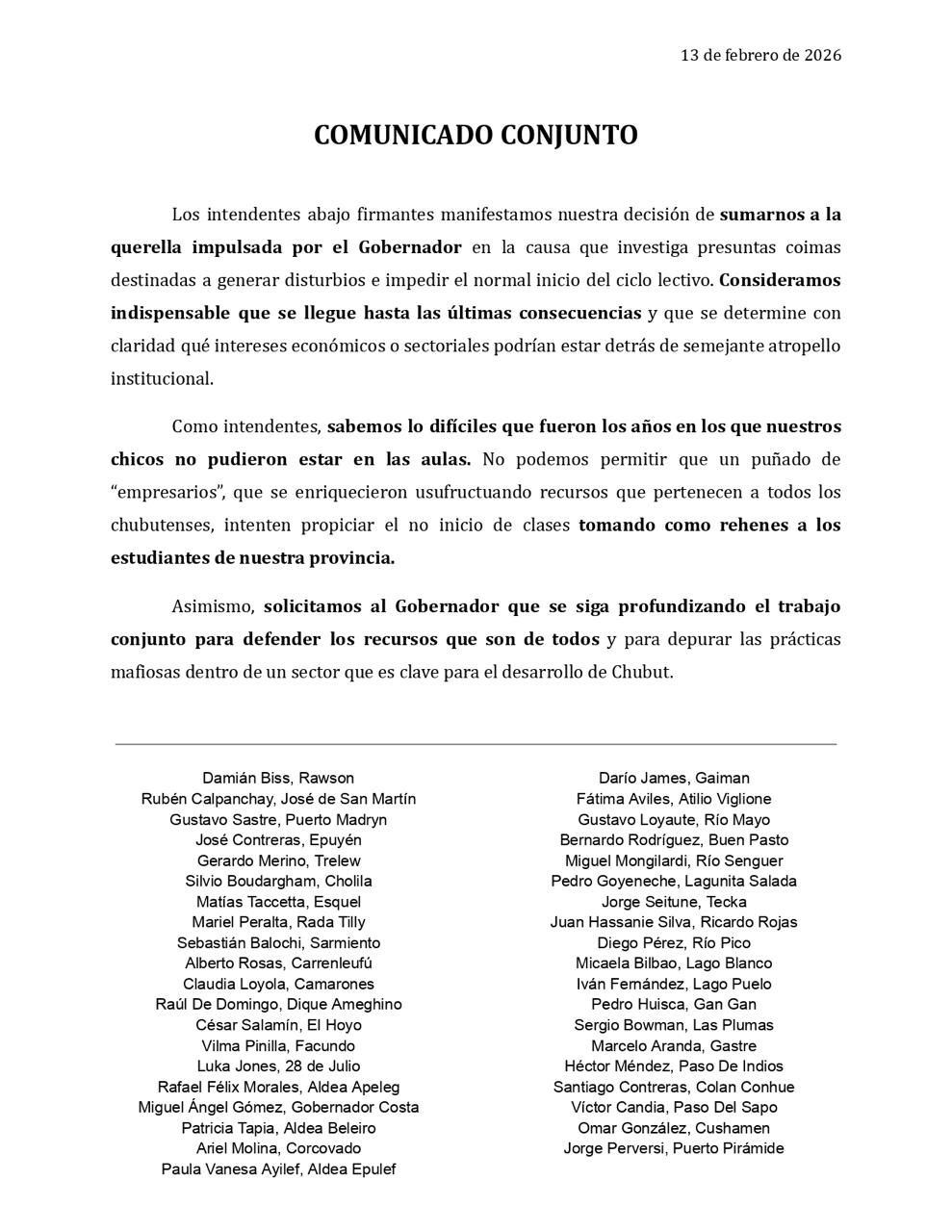 El documento firmado por los intendentes y jefes comunales.