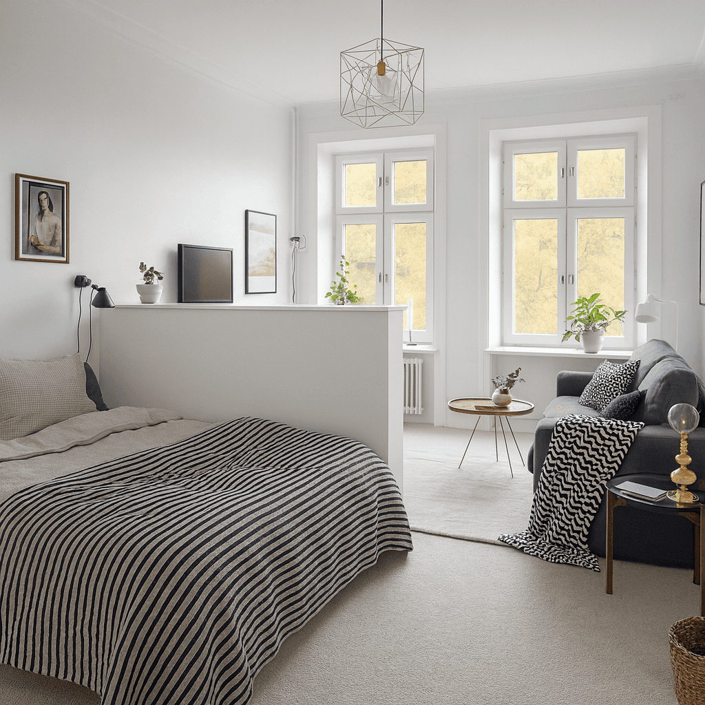 Finalized kitchen and living room project with blue coach and blue cabinets of the kitchen island