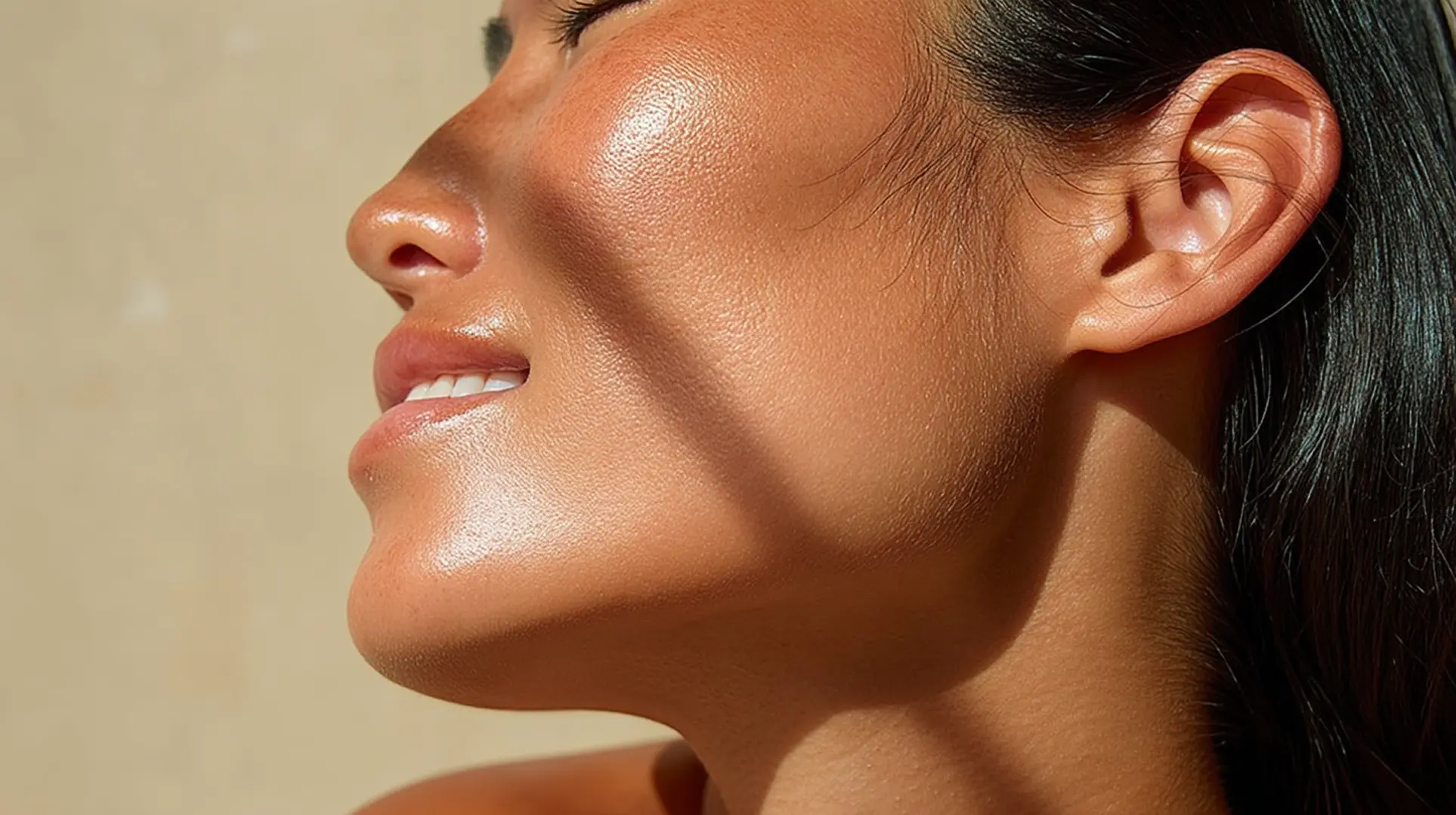 Side-profile close-up of a woman with sun-kissed, glowing skin, smooth complexion, and dark hair pulled back, photographed against a warm, sandy background.