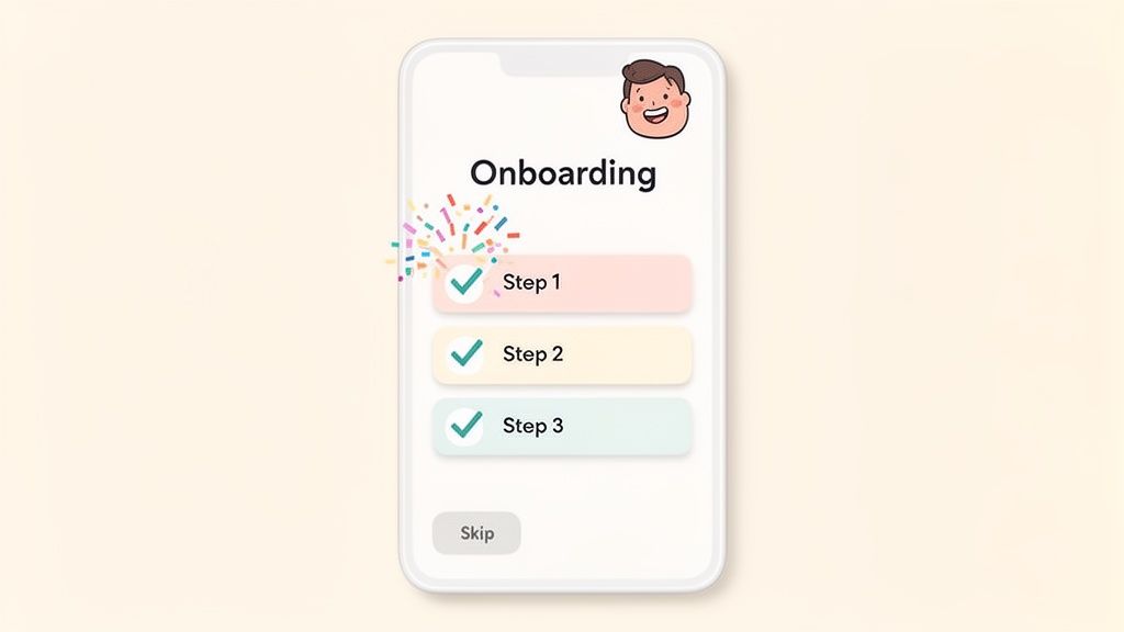 Mobile phone displaying a completed onboarding screen with three steps and a smiling cartoon user icon.