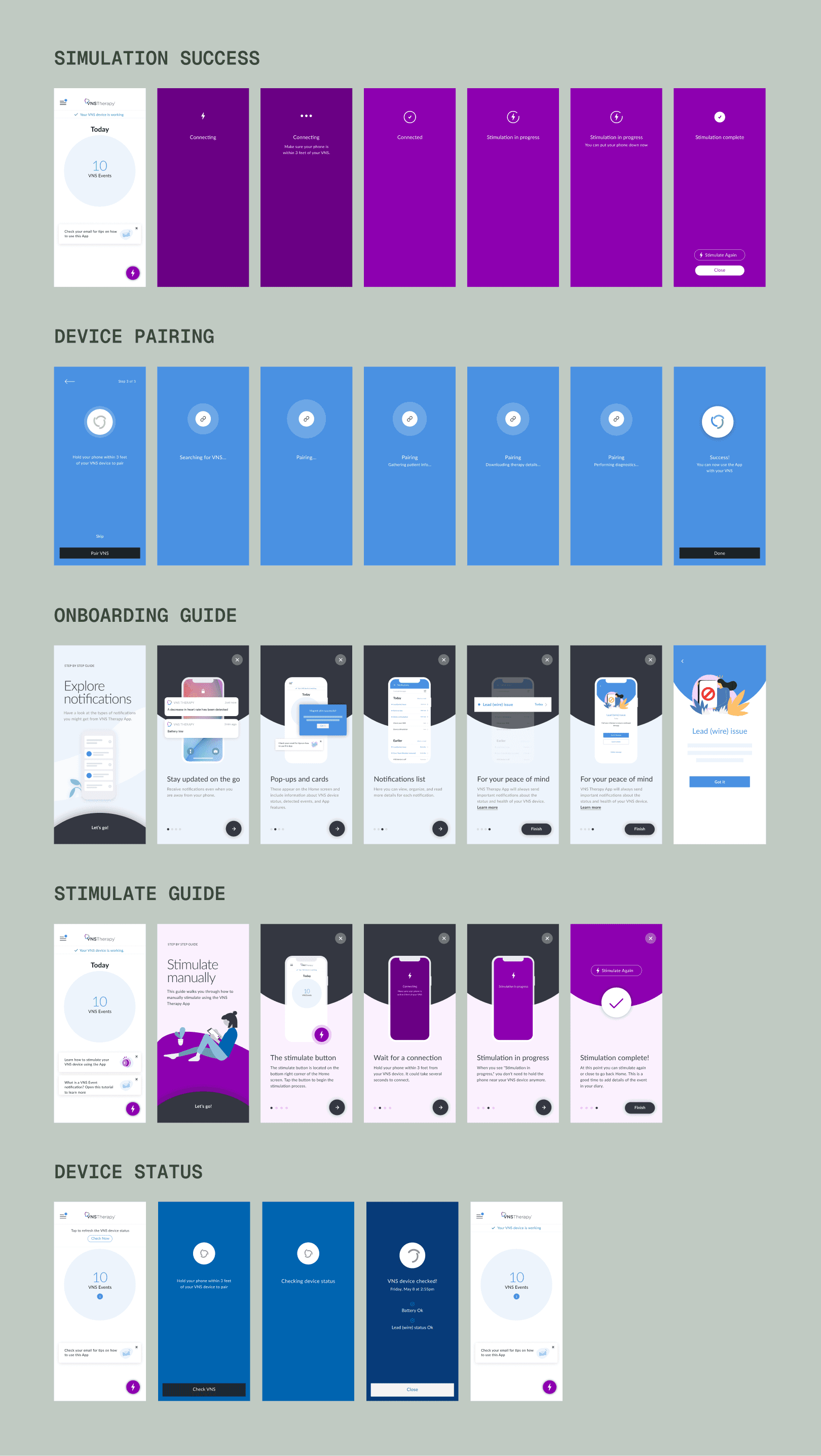 Designed a cohesive set of motion-driven flows to guide users through device pairing, onboarding, stimulation, simulation success, and device status—using progressive feedback, consistent pacing, and clear state transitions to reduce anxiety in critical health interactions.