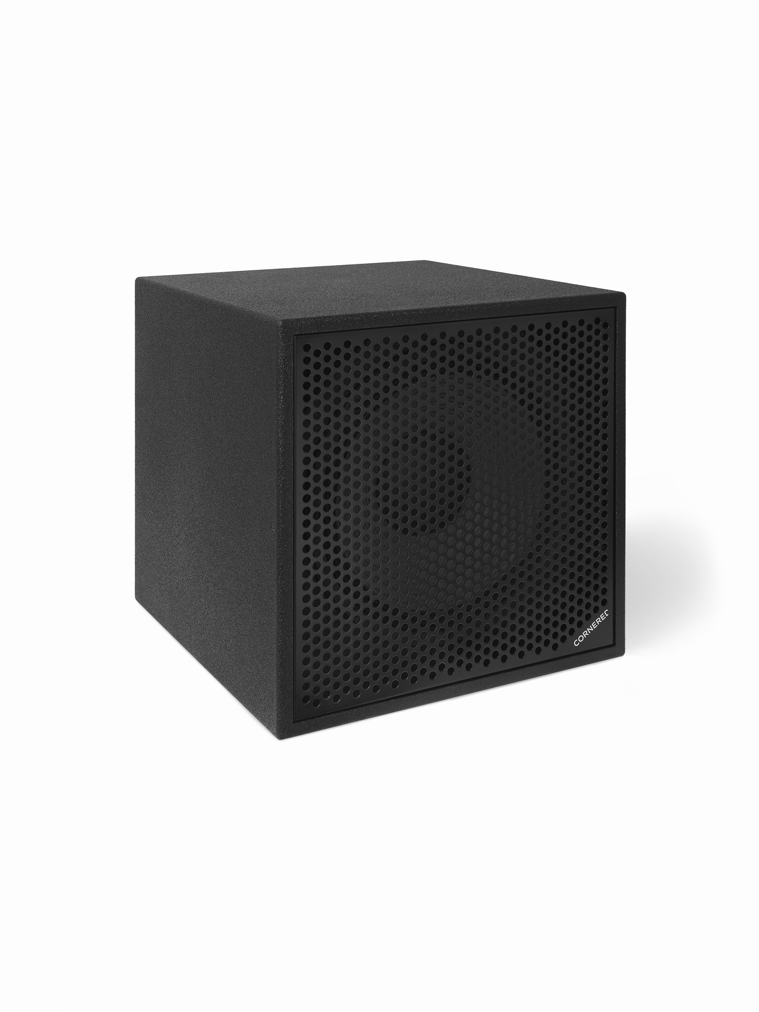 Black cube speaker with perforated front and logo