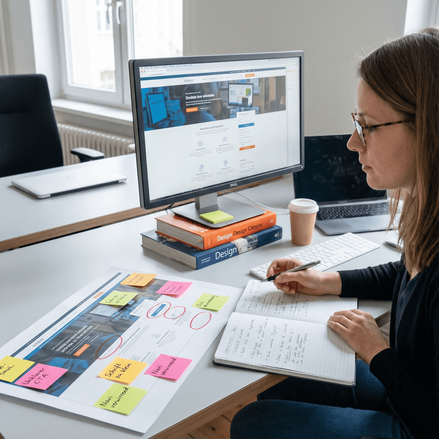 Person sitzt an Schreibtisch mit Computerbildschirm auf mehreren Designbüchern, schreibt in Notizbuch, auf Tisch bunte Haftnotizen und Laptop