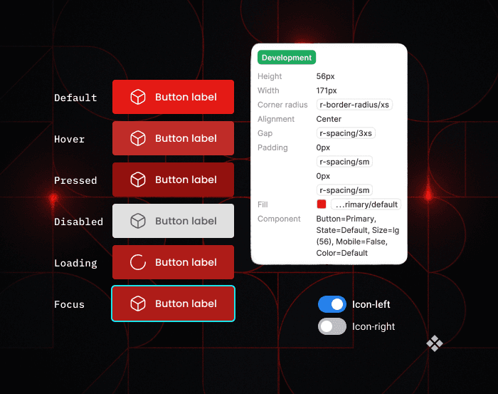 RISE Button component showing all six interactive states: Default (solid red), Hover (slightly darker red), Pressed (darker still), Disabled (grey, reduced opacity), Loading (red with spinning indicator), and Focus (red with cyan outline). All states show a "Download file" label with a left icon. A Figma Dev Mode panel connected to the Default state exposes its design tokens: height 56px, width 171px, corner radius r-border- radius/xs, gap r-spacing/3xs, padding r-spacing/sm, fill ...rimary/default, component properties Button=Primary, State=Default, Size=lg (56), Mobile=False, Color=Default. Toggle controls on the right show Icon-left enabled, Icon-right and Count-badge disabled.