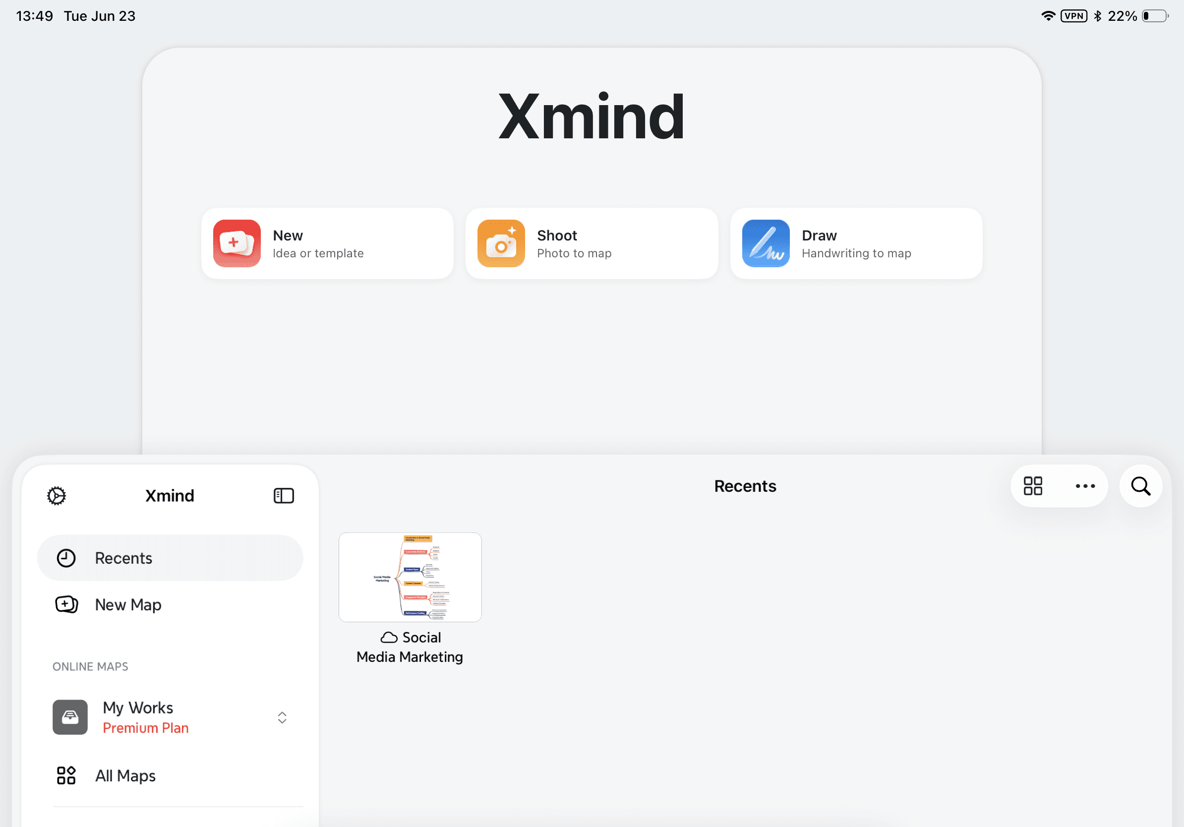 A screenshot of the Xmind home screen on iPad, showing the Draw card in the expanded hero section.