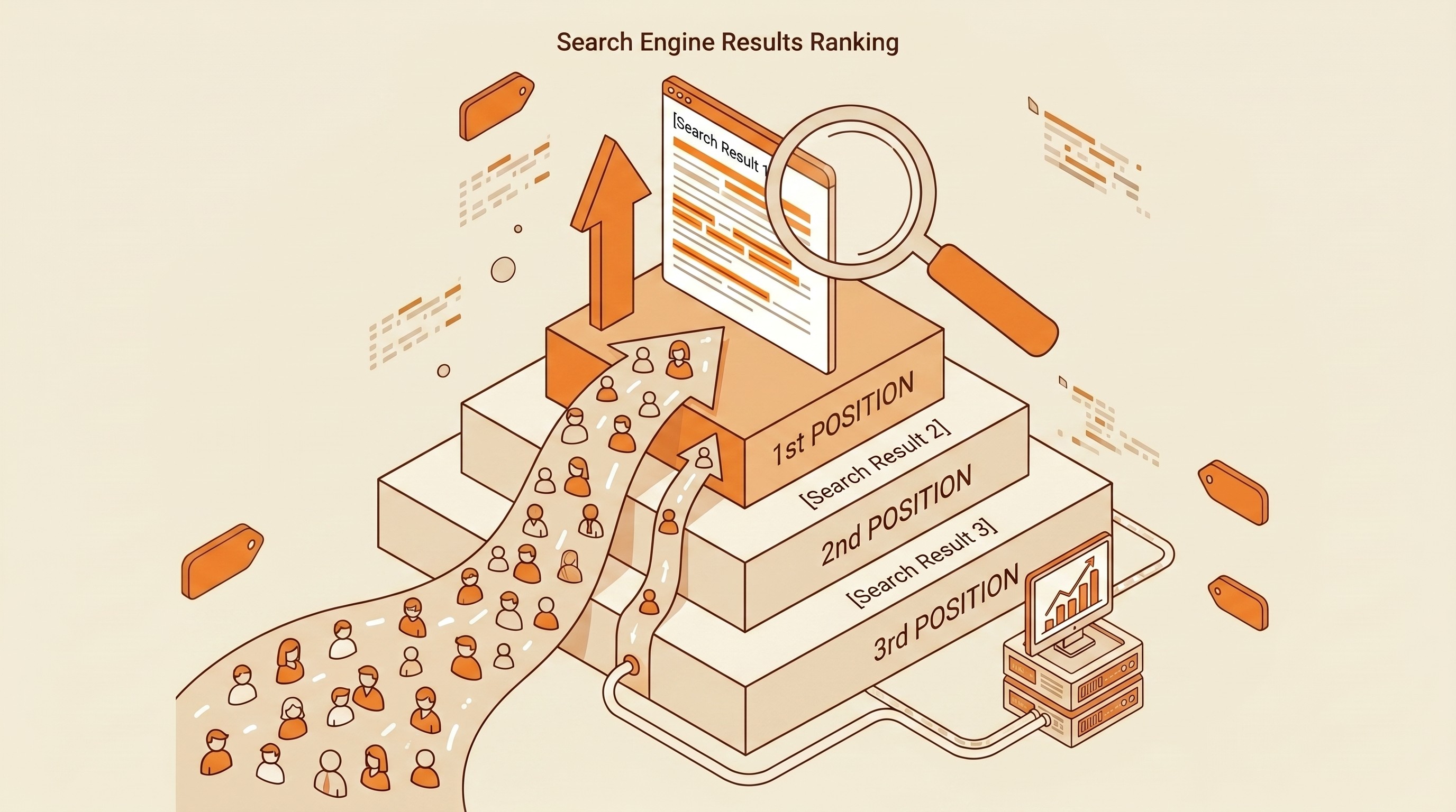 Isometric illustration of a three-tier ranking podium with a keyword-optimized web page at the top position in search.