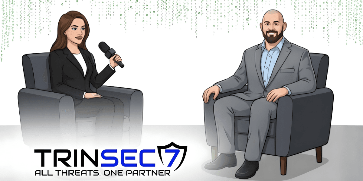 Illustration of TRINSEC 7 founder George Hyek in an interview, discussing cybersecurity solutions for small businesses.