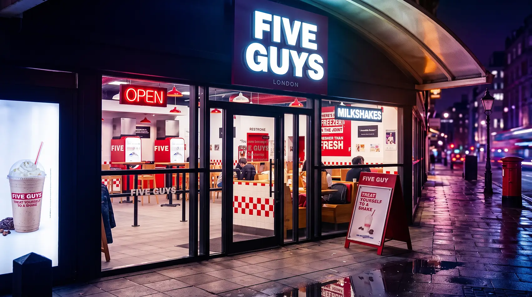 Five Guys restaurant storefront at night with illuminated sign and customers dining inside