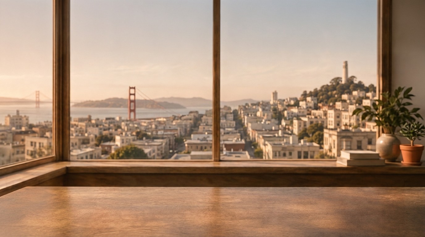 A warm San Francisco workspace with wide windows and a wooden desk