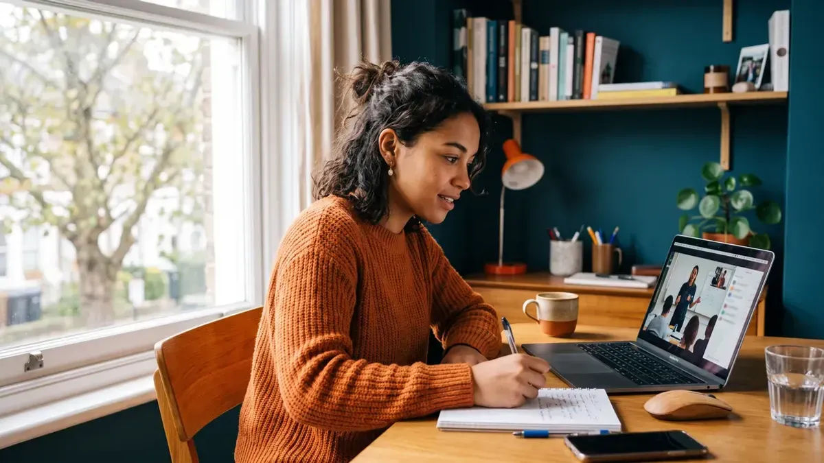 Estudiante de marketing siguiendo una clase online desde su portátil en casa