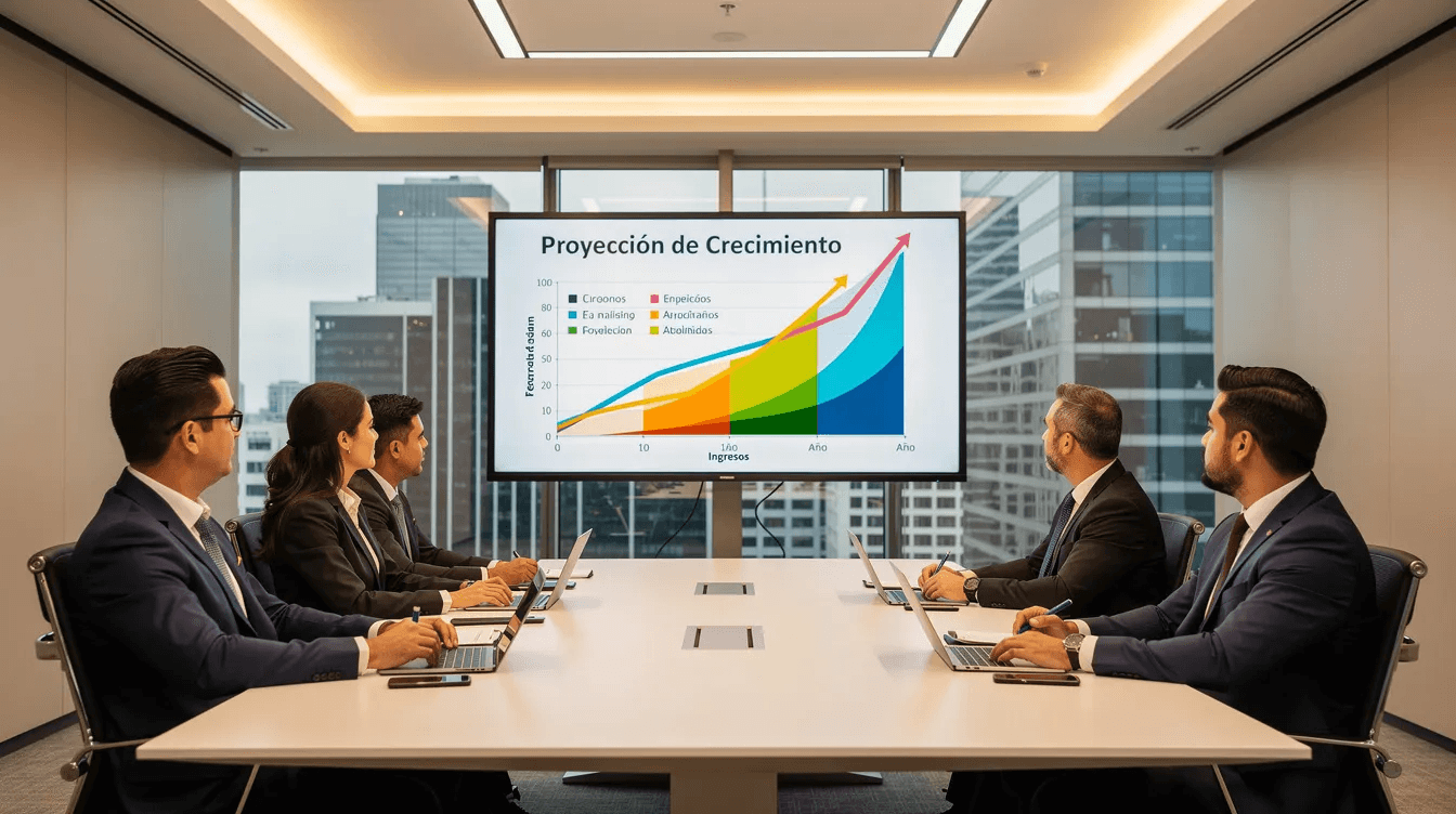 Un grupo de profesionales se encuentra en una reunión de trabajo, analizando gráficos de crecimiento proyectados en una pantalla. La imagen refleja la importancia de estrategias de SEO y SEM para aumentar la visibilidad y optimización de un sitio web en los motores de búsqueda.
