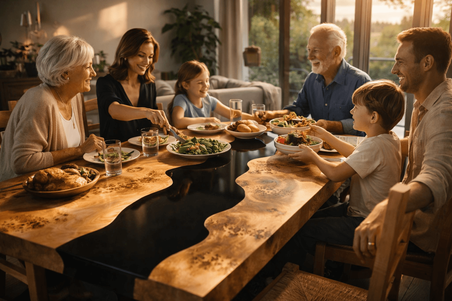 Stół z litego drewna z czarną żywicą epoksydową