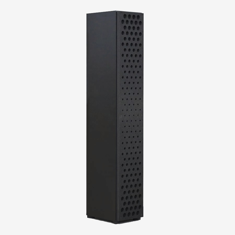 Tall, black, perforated tower with a white background.