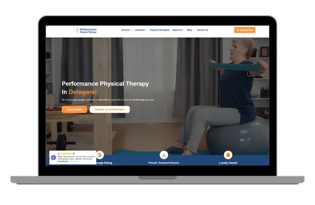 Laptop displaying Performance Physical Therapy's Delaware website homepage.