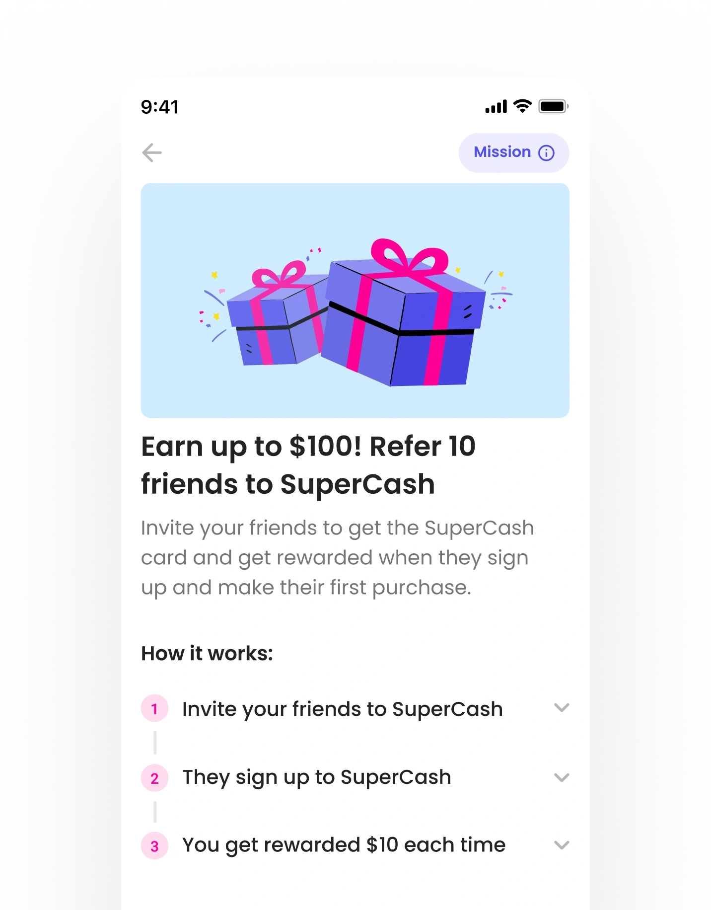 Mobile screen displaying the referral mission ‘Earn up to $100! Refer 10 friends to SuperCash,’ illustrated with two purple gift boxes tied with pink ribbons. The steps list inviting friends, sign-ups, and $10 rewards per referral, followed by sharing options via Copy, Messenger, SMS, and WhatsApp icons.