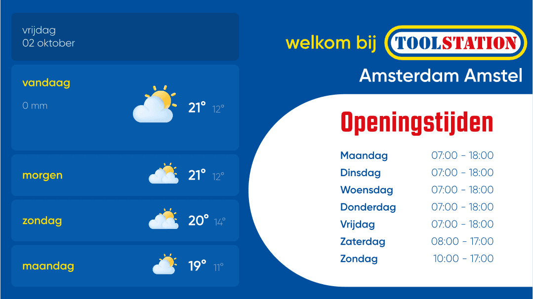 Welkomsttemplate met weer en openingstijden in de huisstijl van Toolstation