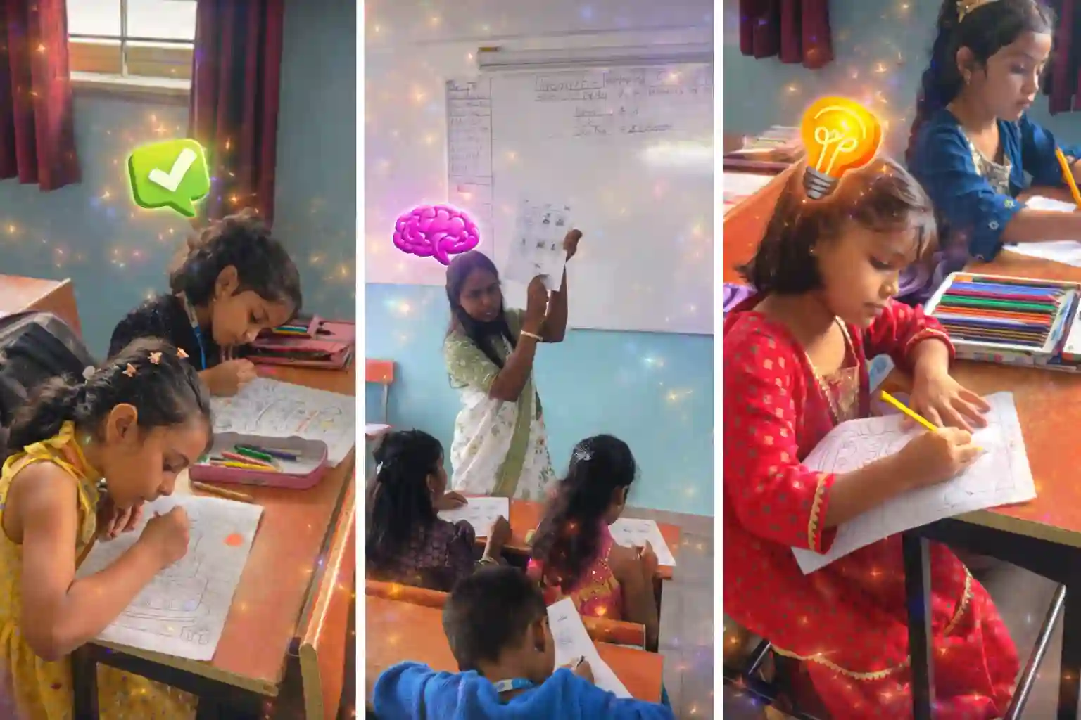 Children focused on drawing and creative skill development activity