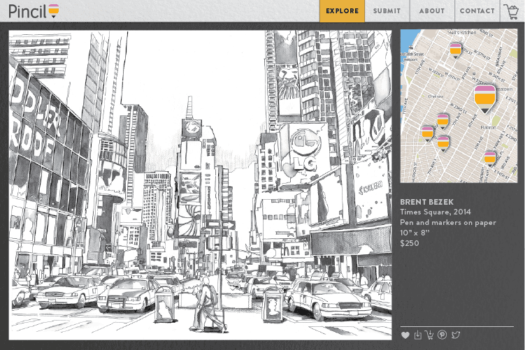 A black and white sketch of a city street scene with tall buildings, parked cars, and a pedestrian walking on the sidewalk. The sketch is labeled “Brent Bezek Times Square, 2014 Pen and markers on paper 10” x 8” $250.” A map with pin markers is included in the top right corner.