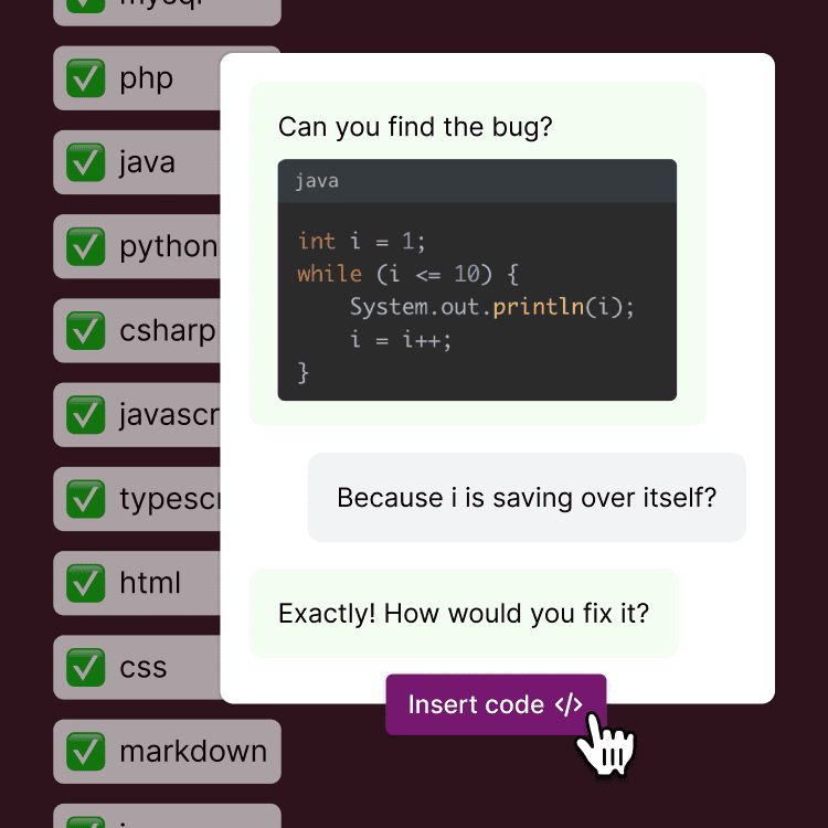 Example conversation with a code snippet and some of the supported languages listed in the background.
